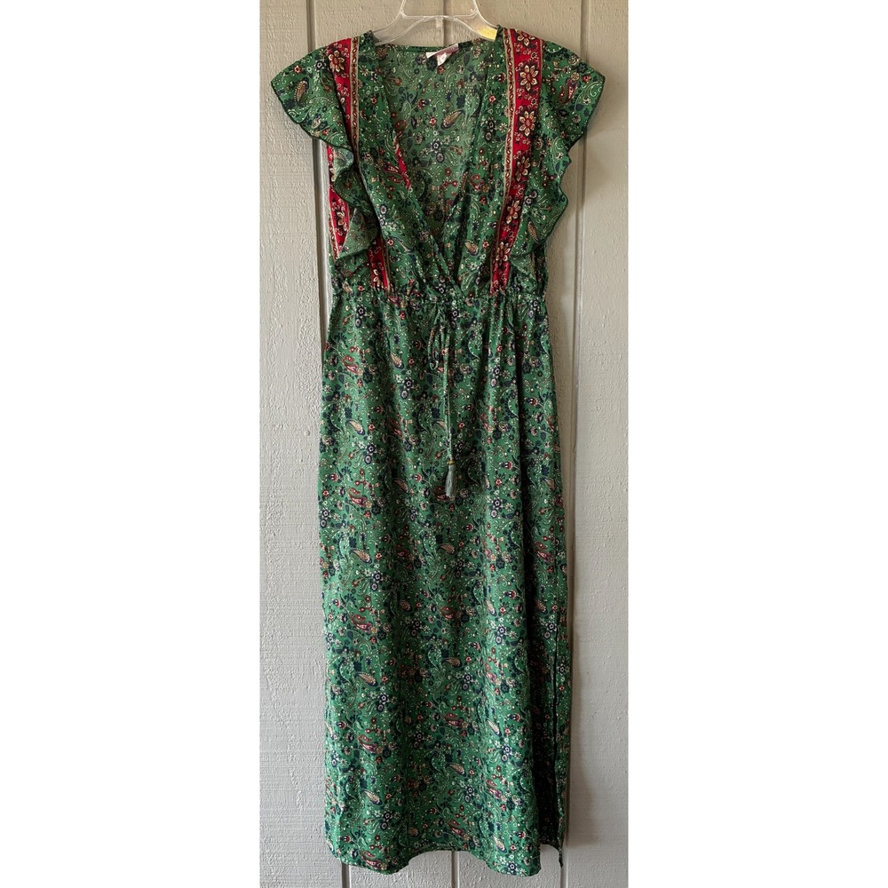 boemo Maxi Dress Womens Medium Green Paisley Ruffle Sleeve V-Neck